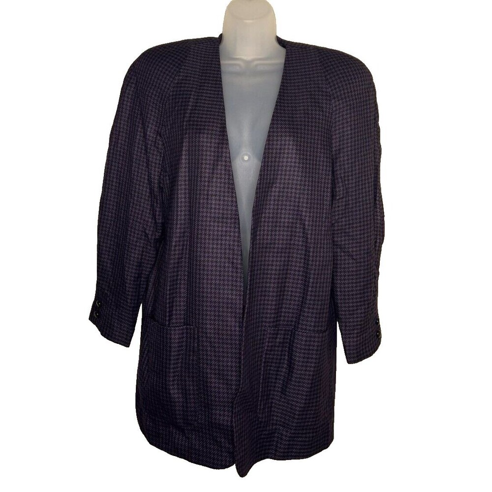 VTG Paul Stanley Women's Open Blazer Purple Black Houndstooth Size 8 Petite Long